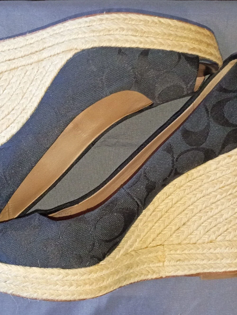 Coach Navy Signature Canvas Peep Toe Espadrille Wedges